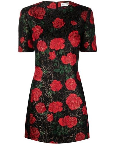 Saint Laurent Rose-print Jacquard Mini Dress - Red