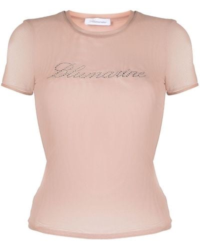 Blumarine T-shirt en résille à logo strassé - Rose