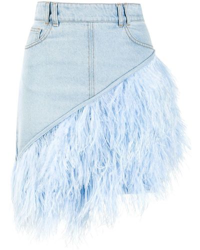 David Koma Feather-trimmed Denim Skirt - Blue
