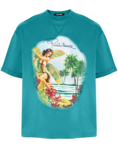 Roberto Cavalli Hawaii-print Cotton T-shirt - Blue