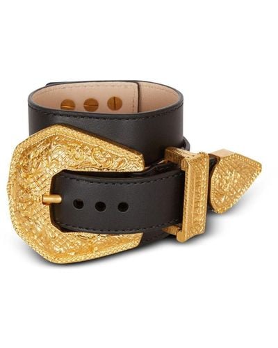 Balmain Bracelet en cuir Western à logo gravé - Noir