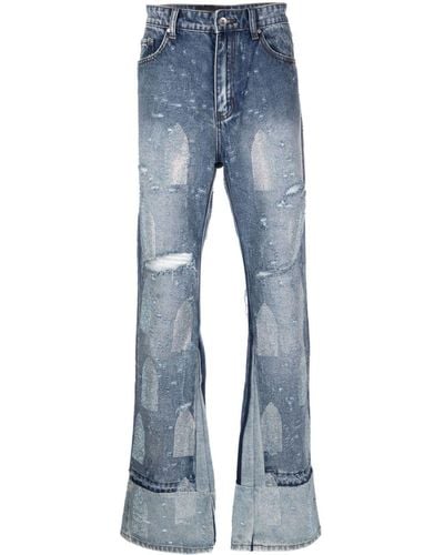 Who Decides War Rhinestoned Distressed Straight-leg Jeans - Blauw