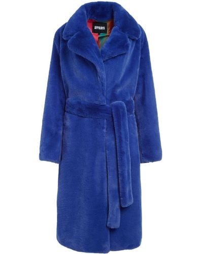 Apparis Belted Faux-fur Midi Coat - Blue
