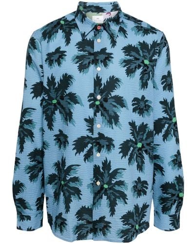 PS by Paul Smith Seersucker-Hemd mit Palmera-Print - Blau