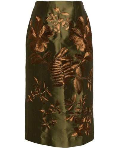 Biyan Floral-embroidered Satin Midi Skirt - グリーン