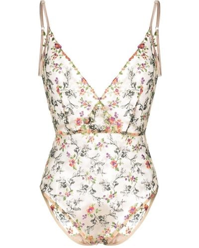 Gilda & Pearl Floral-embroidery Silk Bodysuit - Natural