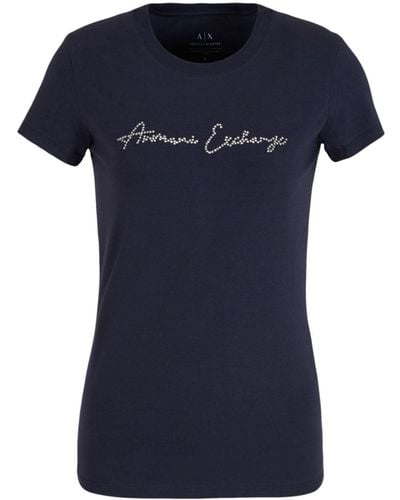 Armani Exchange ラインストーン Tシャツ - ブルー