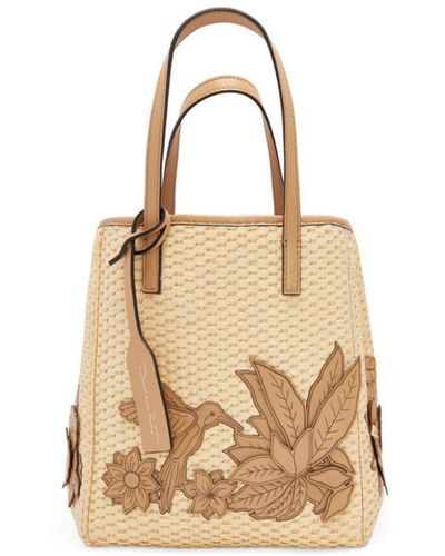 Oscar de la Renta Small Floral-appliqué Raffia Tote Bag - Metallic