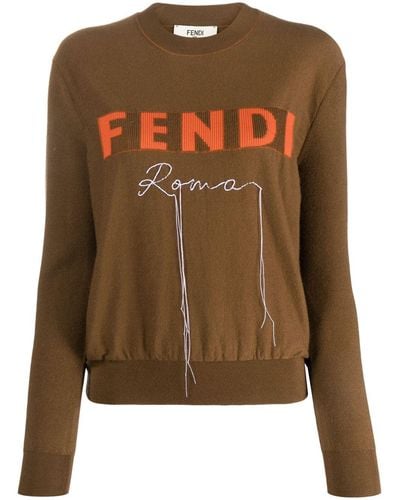 Fendi Logo-embroidered Fine-knit Sweater - Brown