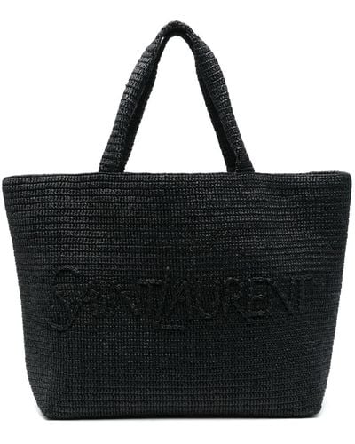 Saint Laurent Logo-embossed raffia tote bag - Schwarz