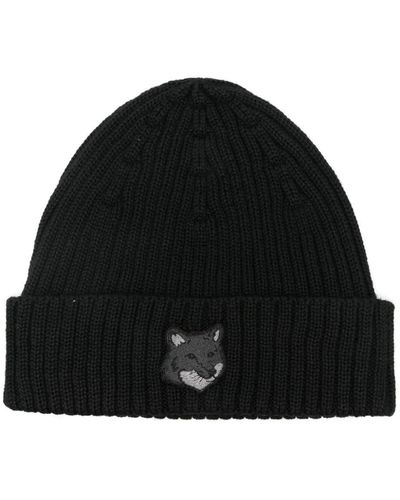 Maison Kitsuné Bold Fox Head Ribbed Beanie - Black