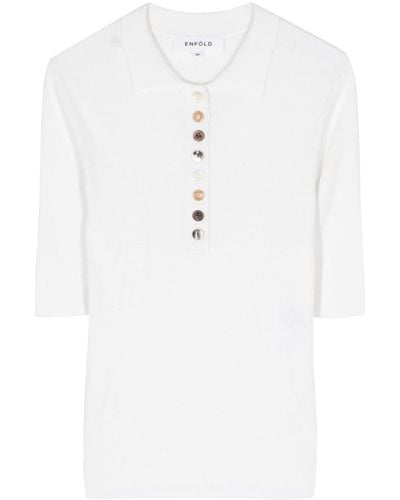 Enfold Mixed Buttons Ribbed Short-sleeved Top - White