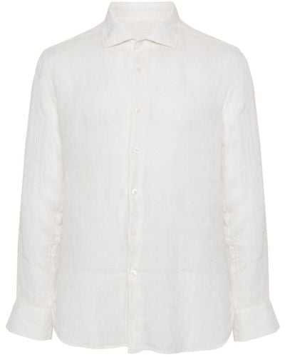 120% Lino Overhemd Met Uitgesneden Kraag - Wit