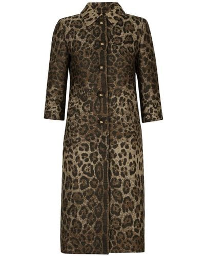 Dolce & Gabbana Single-Breasted Wool Jacquard Coat With Leopard Design - Brown