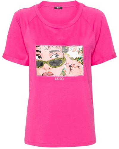 Liu Jo Illustration-print Rhinestone-embellished T-shirt - Pink