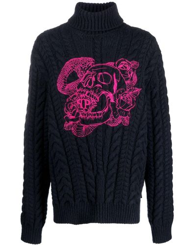 Philipp Plein Embroidered-skull Roll-neck Sweater - Blue