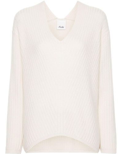 Allude Gerippter Pullover mit V-Ausschnitt - Weiß