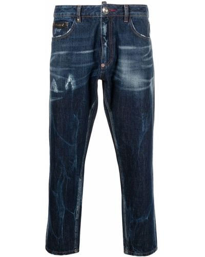 Philipp Plein Jeans crop con effetto vissuto - Blu