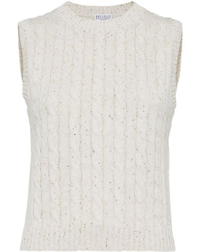 Brunello Cucinelli Sequinned Cable-Knit Top - White