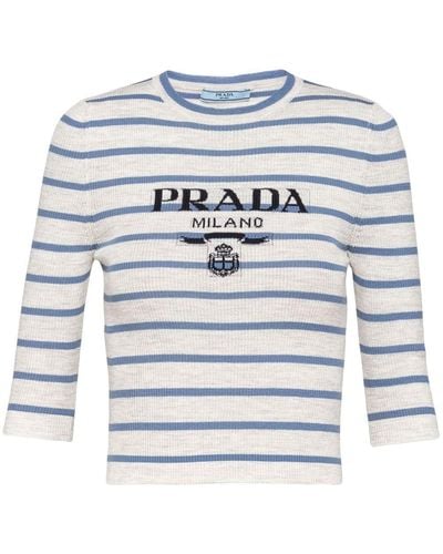 Prada Intarsia-knit Logo Knitted Top - Grey