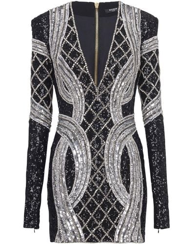 Balmain Silver All-over Embroidered Dress - Black