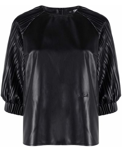 Karl Lagerfeld Vegan Leather Pleated-sleeve Top - Black