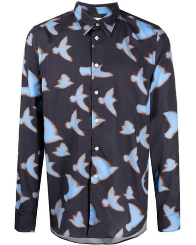 PS by Paul Smith Shadow Birds-print Long-sleeve Shirt - Blue