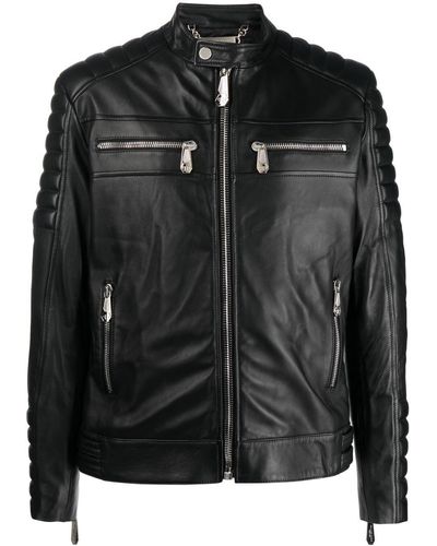 Philipp Plein Long Sleeve Leather Jacket - Black