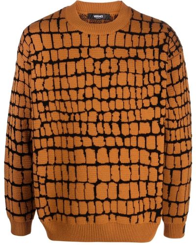 Versace クロコパターン ケーブルニット セーター - ブラウン