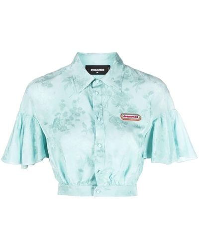 DSquared² Floral-jacquard Flounce Crop Shirt - Blue
