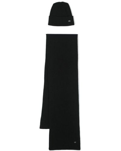 Calvin Klein Logo-plaque Ribbed Beanie And Scarf Set - Black