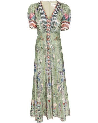 Saloni 'Lea' langes Kleid in gedruckter Seide - Grün