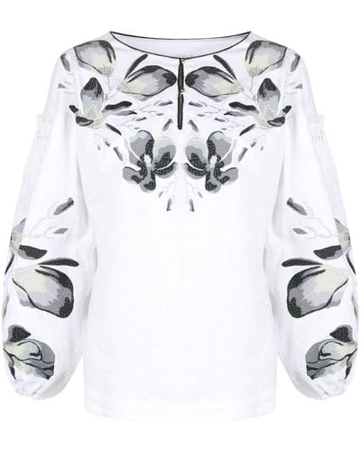 Yuliya Magdych Floral-embroidery Long-sleeve Blouse - White