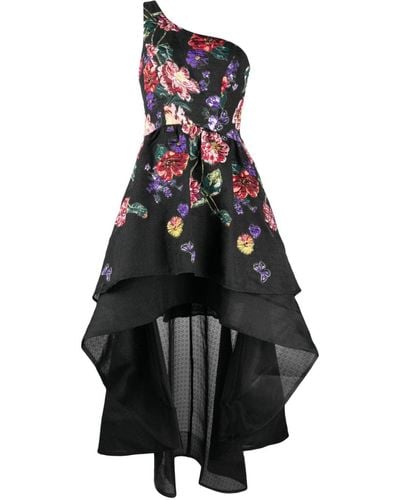 Marchesa Floral-embroidered One-shoulder Tiered Dress - Black