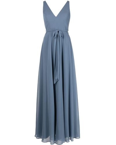 Marchesa V-neck Sash Belt Sleeveless Gown - Blue