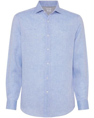 Brunello Cucinelli Chemise en lin à col italien - Bleu