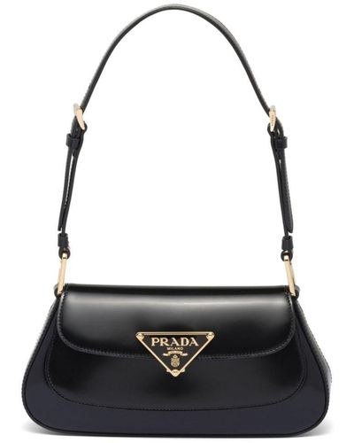 Prada Enamel Triangle-logo Leather Shoulder Bag - Black