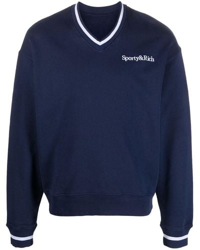 Sporty & Rich Embroidered-logo V-neck Sweater - Blue