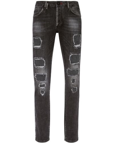 Philipp Plein Distressed Low-rise Skinny Jeans - Grey