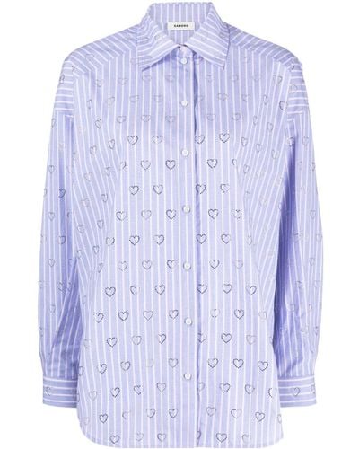 Sandro Valentine Stripe Rhinestone Heart Cotton Button-up Shirt - Blue