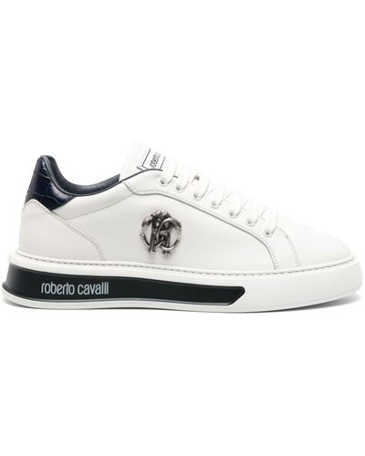 Roberto Cavalli Mirror Snake-embellished Leather Trainers - White