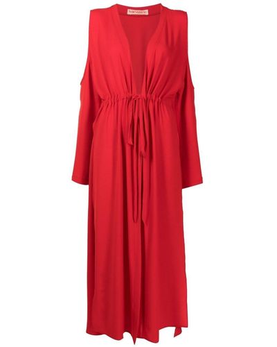 Olympiah Drawstring Cold-shoulder Beach Dress - Red