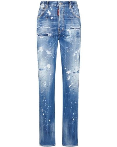 DSquared² Embellished Distressed Straight-leg Jeans - Blue