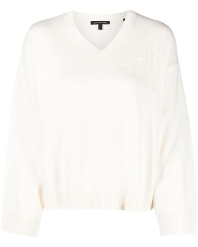 Armani Exchange Logo-embroidered V-neck Sweater - White