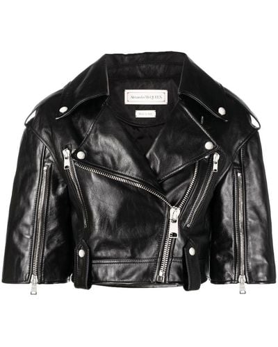 Alexander McQueen Cropped Leather Biker Jacket - Black
