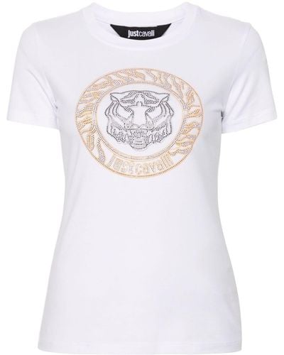 Just Cavalli T-Shirt mit Tigerkopf und Nieten - Weiß