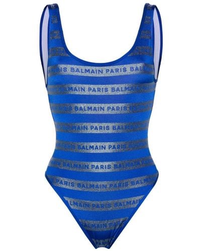 Balmain Badeanzug mit Logo-Streifen - Blau