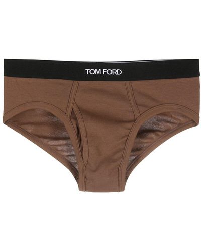 Tom Ford Logo-waistband Stretch-cotton Briefs - Brown