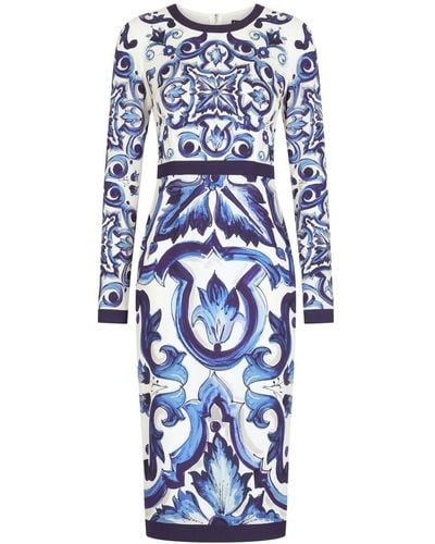 Dolce & Gabbana Majolica-print Pencil Midi Dress - Blue