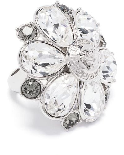 Versace Kristallverzierter Ring mit Blumen - Weiß